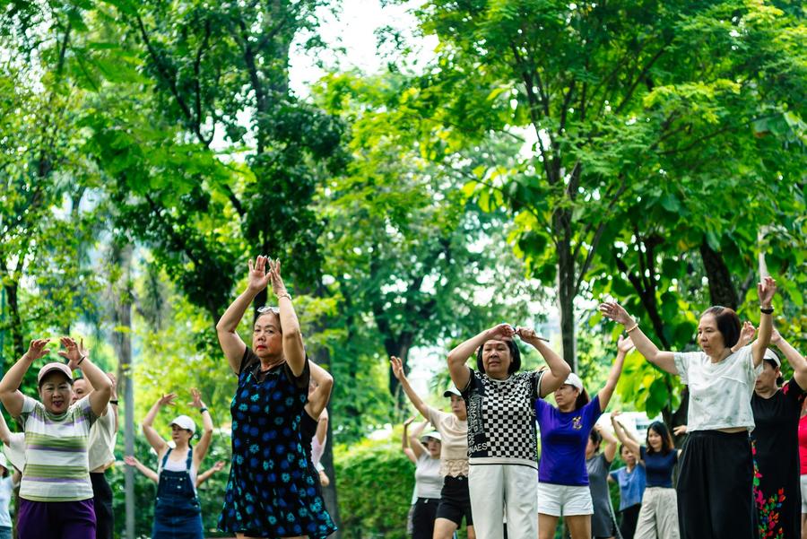Adultos mayores haciendo ejercicio juntos al aire libre