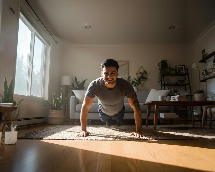 Hombre haciendo flexiones en un living soleado